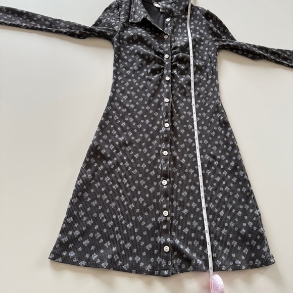 American Eagle-Long Sleeve-Floral-Shirt Dress-Button Front-Collar-Gray-Blue-XS - Picture 6 of 9